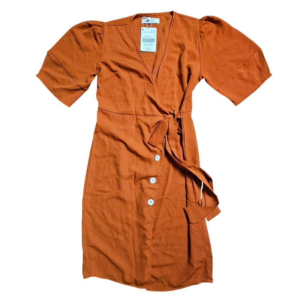 Zara Puff Sleeve Wrap Dress M Short Button Front Rust Orange 0264/119/112 NWT